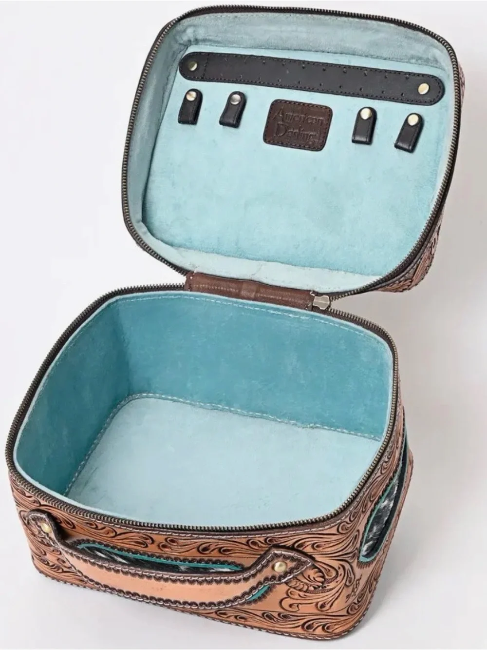Tooled Leather Train Case with Turquoise Accents - Women Bags